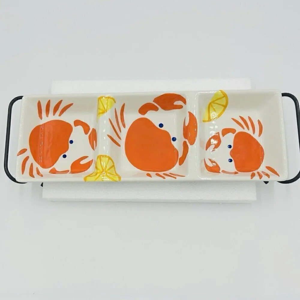 TAG Three Section Serving Dish Orange Crabs Lemons 18.5